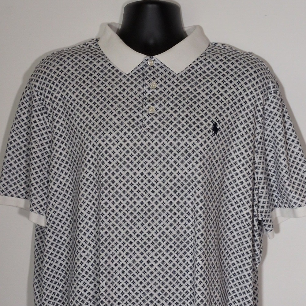 Polo Ralph Lauren Mens XXL Blue White Geometric Diamond Print Polo Shirt Classic - Picture 2 of 6